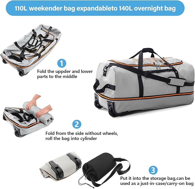 Vomgomfom Wheeled Collapsible Duffel Bag, 110L-140L Expandable Checked Luggage - Image 5