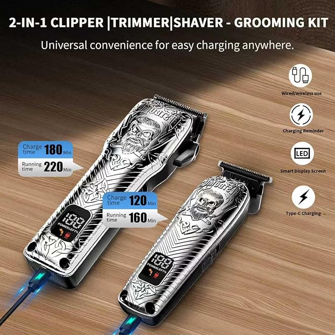 Professional Cordless Mens Hair Clippers & Beard Trimmer Kits & Sets,Metal Hair Clippers Cutting Grooming Kit with Long Battery Life for Family Barber Use (Gray)