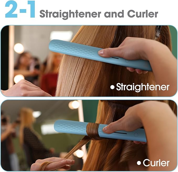 Quico Hair Straightener, 110-240V Global Travel Hair Straighteners for Women, 15s Fast Heating, Professional Negative Ion Flat Iron, Temp Memory, 320℉-450℉, Auto-Off, with Glove and Clips, Gift, Blue