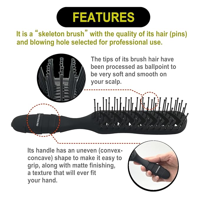VESS Hair Styling Pro Skeleton Brush-Matte Black-7 Row Nylon Brush, SPR-1200, Made in Japan