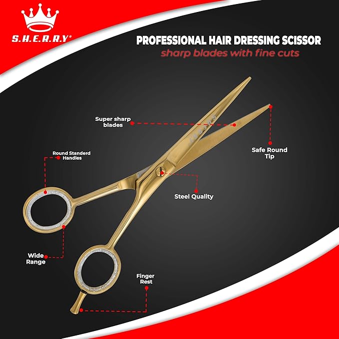 Professional Barber Shears 5.5” – High Carbon Stainless Steel Hair Cutting Scissors with Razor Sharp Edge for Salon & Home Use by S.H.E.R.R.Y (Gold, 5.5 inches)