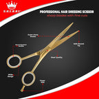 Professional Barber Shears 6” – High Carbon Stainless Steel Hair Cutting Scissors with Razor Sharp Edge for Salon & Home Use by S.H.E.R.R.Y (Gold, 6 inches)