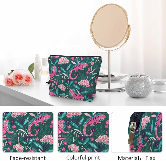 Lizard Cosmetic Travel Bag For Toiletries, Tropical Animal Floral Lizard Makeup Bag Toiletry Bags For Women, Flax Cosmetic Bags Make Up Bag Purse Toiletries Bag Birthday Gift
