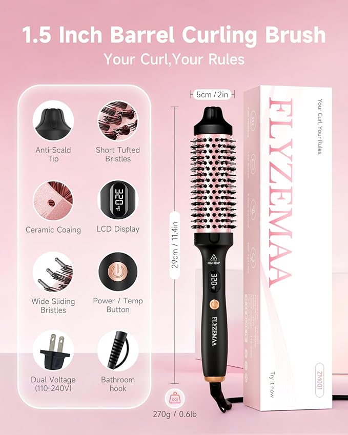 Thermal Brush, FLYZEMAA 1.5 Inch Curling Iron for Long Dry Hair, Heated Round Brush Straightener with 3 Temp Settings, 30s Fast Heat for Curling & Volumizing, Anti-Scald Nylon Bristles(Black)