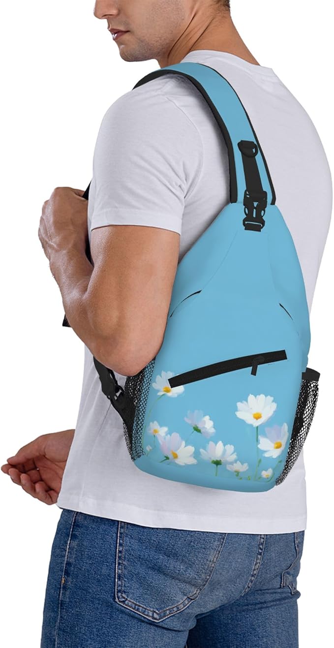 Sling Bag White Flower Blue Summer Hiking Daypack Crossbody Shoulder Backpack - Image 8