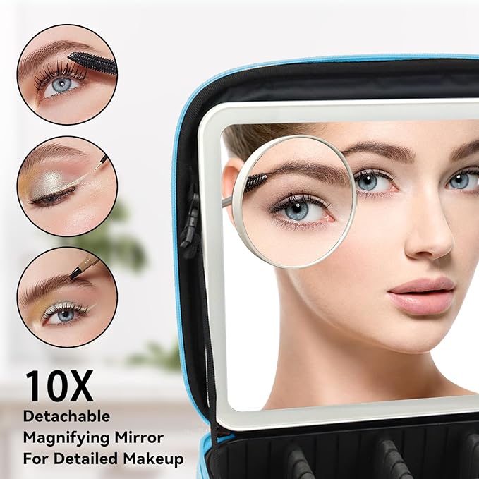 Travel Makeup Bag with LED Mirror and 10x magnifying glass with 3 Lighted - Image 2