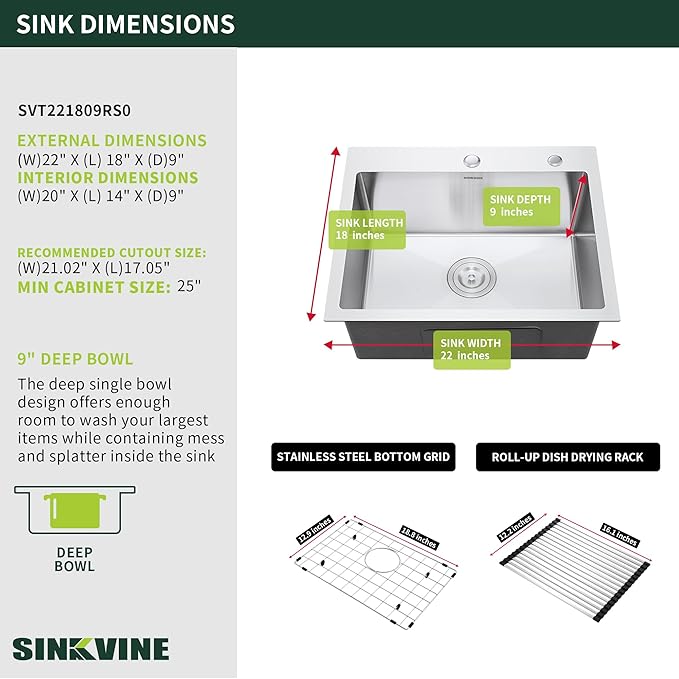 22 Inch Drop-In Kitchen Sink, SINKVINE 22" x 18" Stainless Steel Indoor and - Image 3