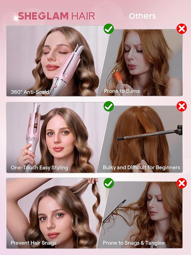 SHEGLAM Pink Curling Iron Automatic Gift for Woman (Pink, 0.75 inch) Cupid's Charm One-Touch Instant Curler