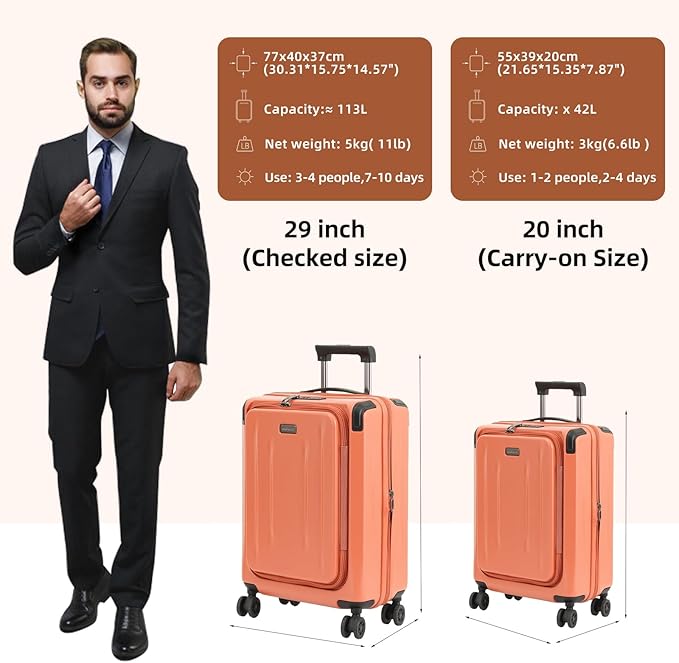 Carry On Luggage, 20Inch & 29 Inch Top Opening Airline Approved ABS+PC Hard - Image 3