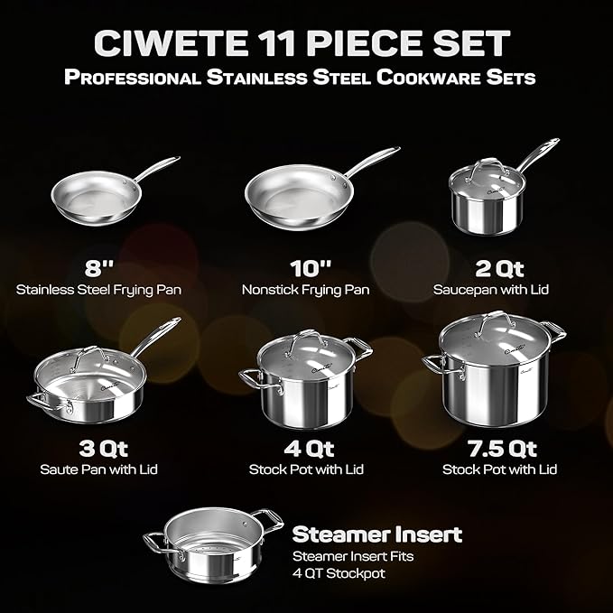 Tri-Ply Stainless Steel Pots and Pans Set 11-PC, 18/10 Stainless Steel - Image 4