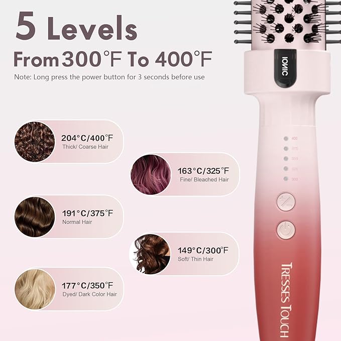 Thermal Brush, Blowout Long Lasting Look Curling Brush, 30s Fast Heated Round Brushes 1.5" Makes Hair Smoother Get Natural Curls, 5 Temp Settings, Universal Voltage for Travel, Easy to Use, Pink Red