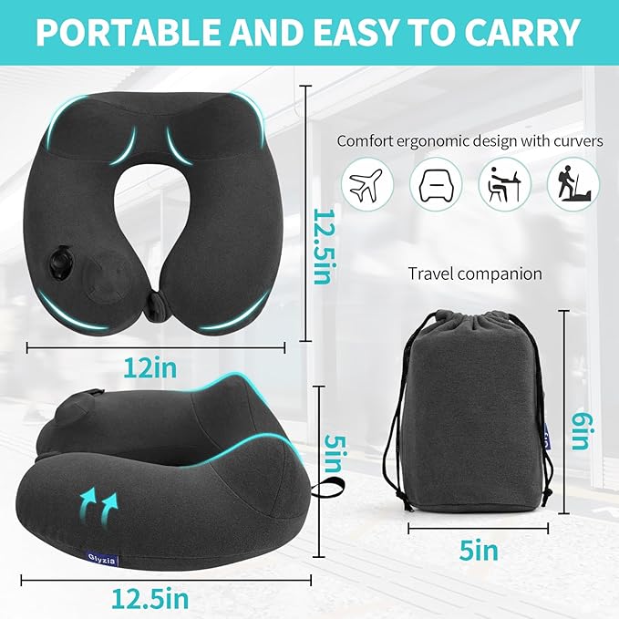 Inflatable Travel Neck Pillow for Airplane, Head Support Velvet Adult Neck - Image 3