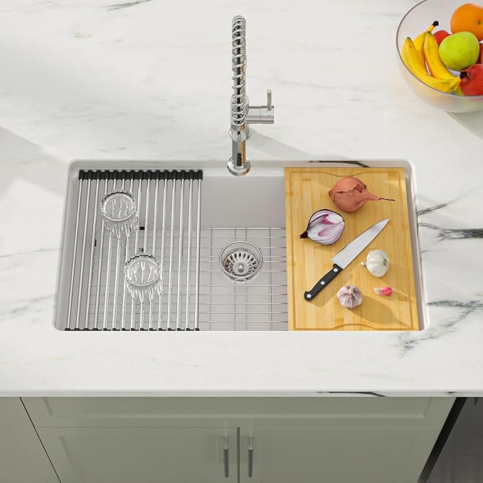 Dcolora 33 Inch White Granite Composite Kitchen Sink Workstation Undermount - Image 2