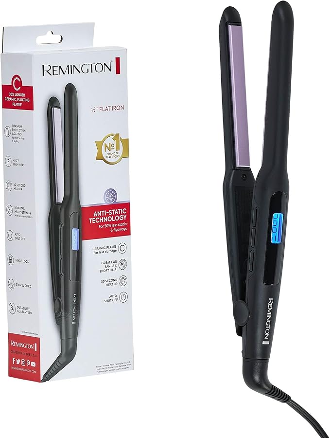 Remington 1/2" Flat Iron, Hair Straightener with Anti-Static Technology, 15-Second Heat Up & 60 Minute Auto Shut Off, 30% Longer Ceramic Floating Plates, Titanium + Ceramic Coating