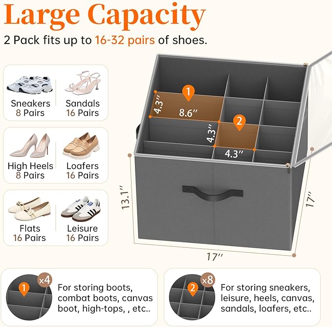 Shoe Organizer for Closet, 2 Pack Foldable Shoe Storage Containers, Fits up - Image 2