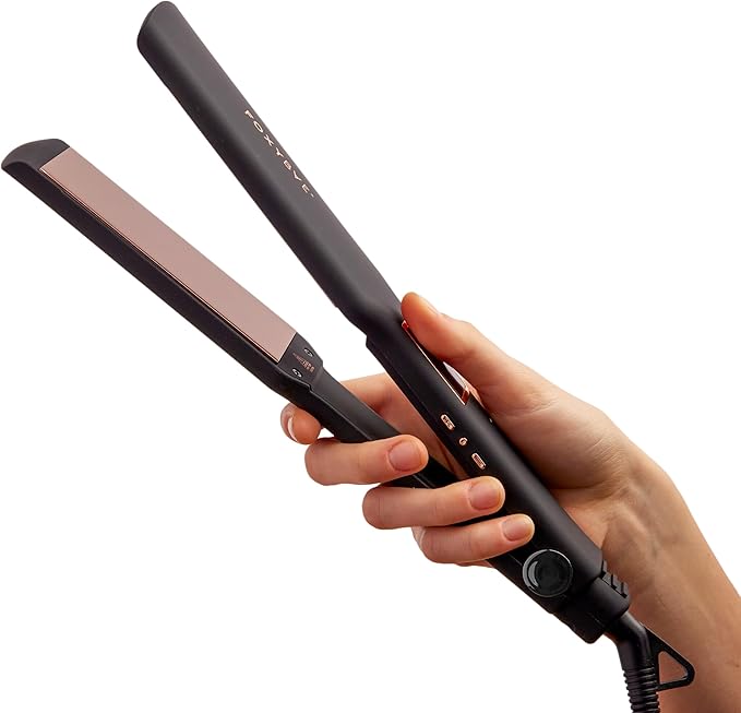 FoxyBae Flat Iron Hair Straightener - TRÉS Sleek 1.75" Wide Plate Titanium Flat-Iron - Dual Voltage Portable Professional Hair Straightener - Hot Tools - Locks Moisture & Shine [Black Rose-Gold]
