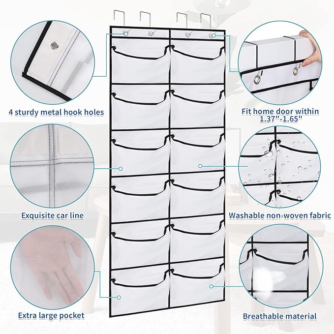 2 Packs Over the Door Shoe Organizer, 24 Extra Large Mesh Pockets Hanging Shoe - Image 3