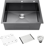 Black Drop-In Kitchen Sink 25 x 22 inch, SINKVINE PVD Nano Stainless Steel Sink by SINKVINE