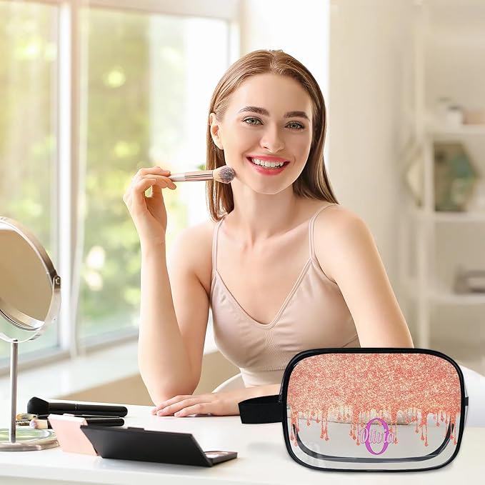 Custom Name Makeup Bag Travel Bag, Clear Toiletry Bag Travel Large Capacity Cosmetic Container Organizer for Shampoo, Glittering Orange Curtain Bling