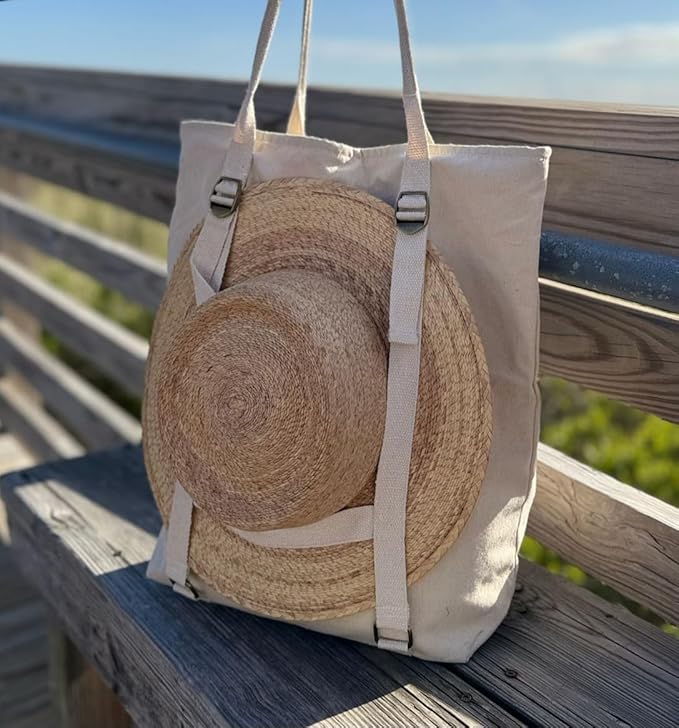 Large Beach Tote Bag with Hat Holder Straps, Womens large beach bag- Vation - Image 3