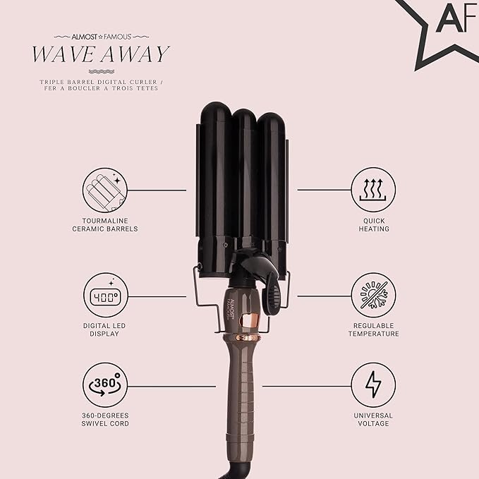 Almost Famous Wave Away Triple Barrel Clip Curling System, 3 Barrel Curling, Crimper with LCD Temp Display, Professional Beauty Tool, Temperature Adjustable (Charcoal Black)