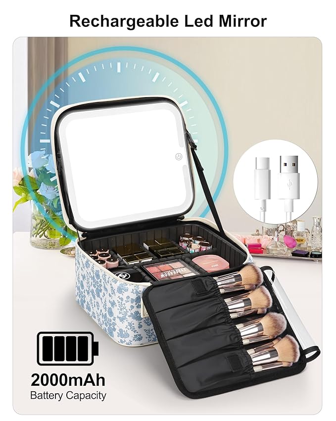 Relavel Travel Makeup Bag with LED Mirror, Portable Cosmetic Train Case with 3 - Image 7