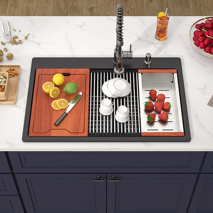 33 Inch Drop in Granite Composite Black Kitchen Sink-Donsdey Double Bowl - Image 2