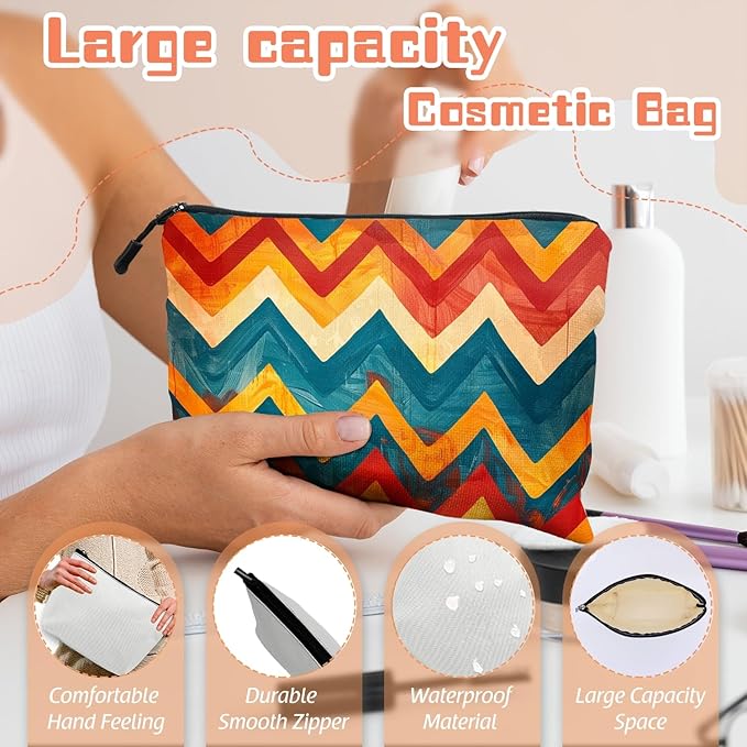 Cosmetic Bags Travel Makeup Toilet Case Waterproof Pouch for Women Girls 6.7X9.45inches - Zigzag Pattern in Warm And Cool Tones