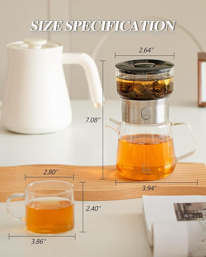 ZENS Modern Glass Tea Infuser Teapot Set, Smart One Touch Tea Maker - Image 3