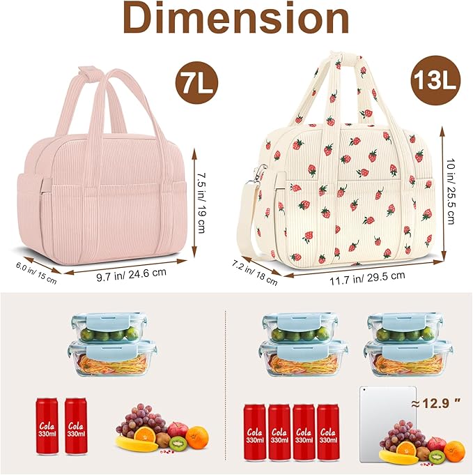Corduroy Lunch Box Lunch Bag for Women Men, Cute Strawberry Small Insulated - Image 6