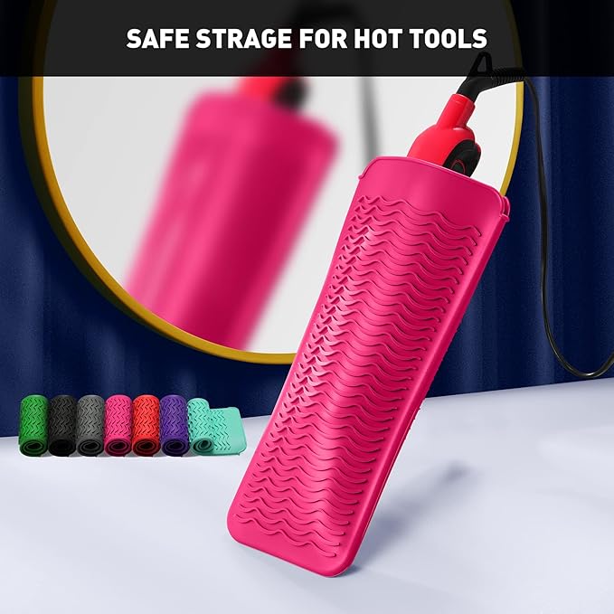ZAXOP 2 Pack Heat Resistant Silicone Mat Pouch for Flat Iron, Curling Iron,Hair Straightener,Hair Curling Wands,Hot Hair Tools (HOT Pink&HOT Pink)