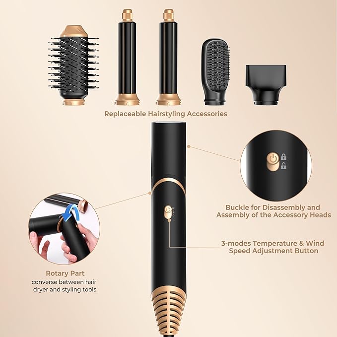 5 in ONE Blow Dryer Brush, Curling Wand Hair Styling Tools Set, Ionic Hot Air Hair Dryer, Massage Oval Hair Dryer, Left&Right Hair Curlers 100-120V