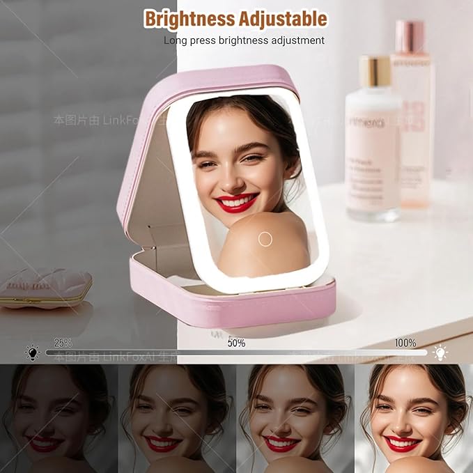 LiveGo 3-Color LED Travel Jewelry Case and Makeup Bag with Mirror, Dust-Proof Jewelry Box, 10 Sealed Jewelry Bags - Compact Cosmetic Mirror Case for Women Girls Travel Essentials (Pink)