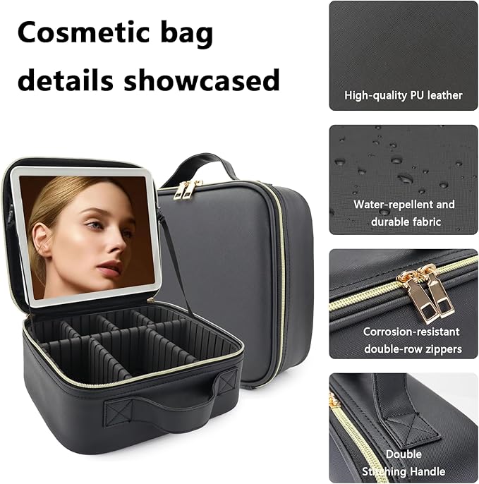 Travel Makeup Bag with LED Lighted Mirror, Travel Makeup Organizer, 3 Color - Image 6