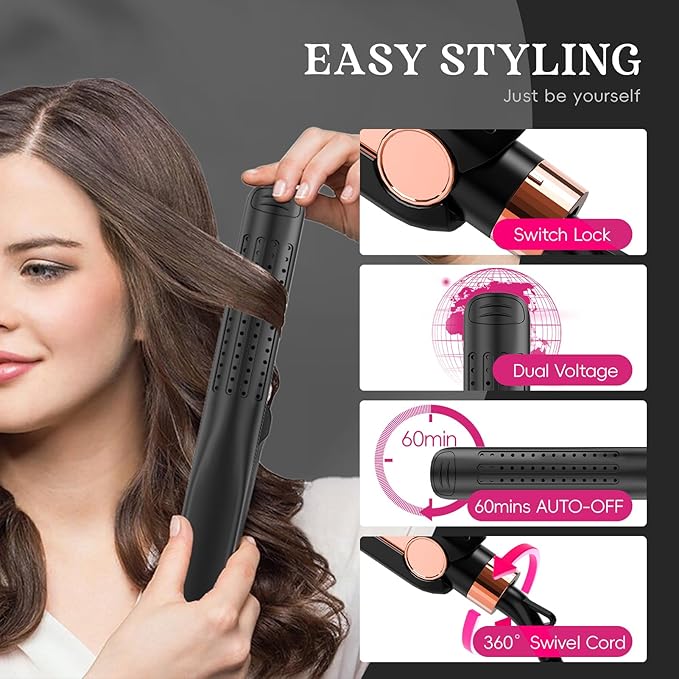 SKIMI Airflow Styler, Titanium Flat Iron Hair Straightener, Professional Curling Iron with Cooling Air Vents to Lock in Style, 5 Temps & Dual Voltage, Auto Off (Black & Gold Pink).