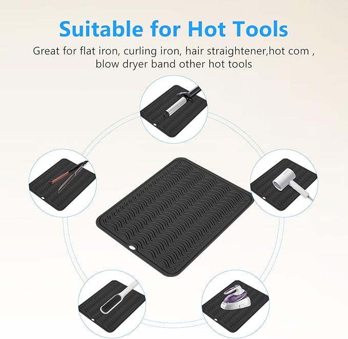 Quccefods Heat Resistant Mat Oversize Curling Iron Mat Silicone Hot Hair Tools Mat for Hair Straightener,Flat Irons,Hair Styling Tools Countertop protection Portable Travel Mat 14.2" x 11"