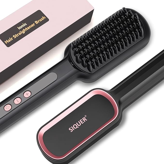 Hair Straightener Brush - SIQUER Ionic Hair Straightening Brush with 13 Temps LCD Display 45s Fast Heating 60mins Auto-Off Anti-Scald Ceramic Hair Straightener Comb for Home Salon, Black