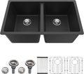 Dcolora 33 inch Quartz Matte Black Granite Composite Double Bowl Undermount by Dcolora