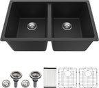 Dcolora 33 inch Quartz Matte Black Granite Composite Double Bowl Undermount by Dcolora