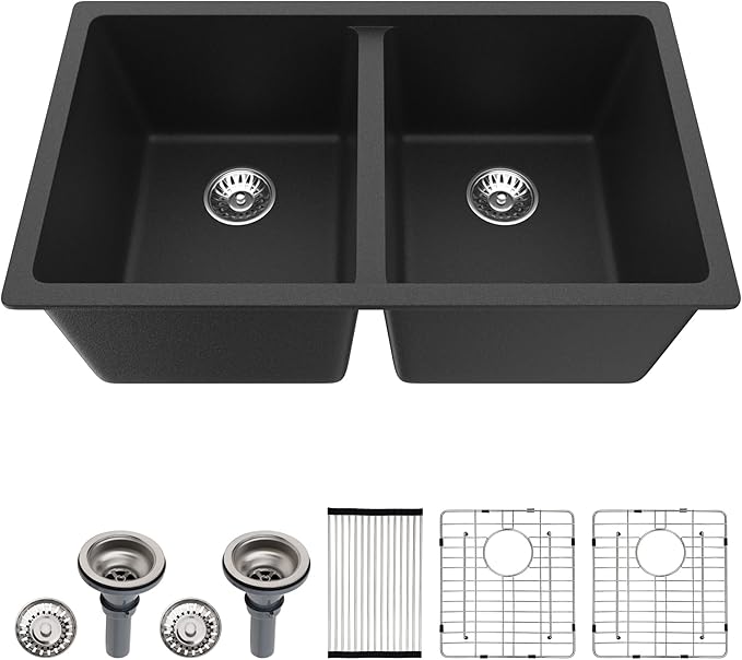 Dcolora 33 inch Quartz Matte Black Granite Composite Double Bowl Undermount by Dcolora
