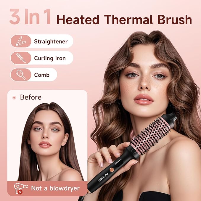Thermal Brush, 1 1/2 inch Heated Round Brush with 3 Temperature Settings, Easy to Create Blowout Look, Pouch and Dual Voltage for Travel