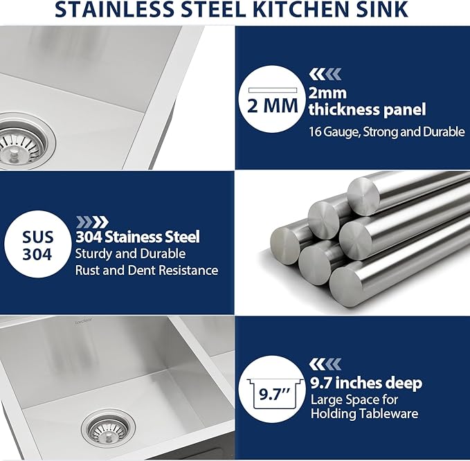 Lordear 36 Inch Undermount Kitchen Sink Double Bowl Stainless Steel Kitchen - Image 6