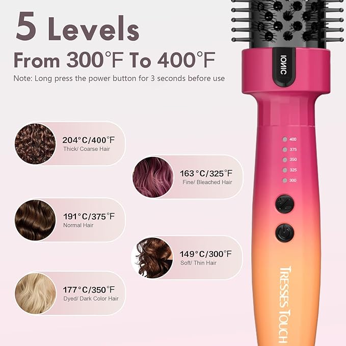 Thermal Brush, Blowout Long Lasting Look Curling Brush, 30s Fast Heated Round Brushes 1.5" Makes Hair Smoother Get Natural Curls, 5 Temp Settings, Universal Voltage for Travel, Easy to Use, Red Orange