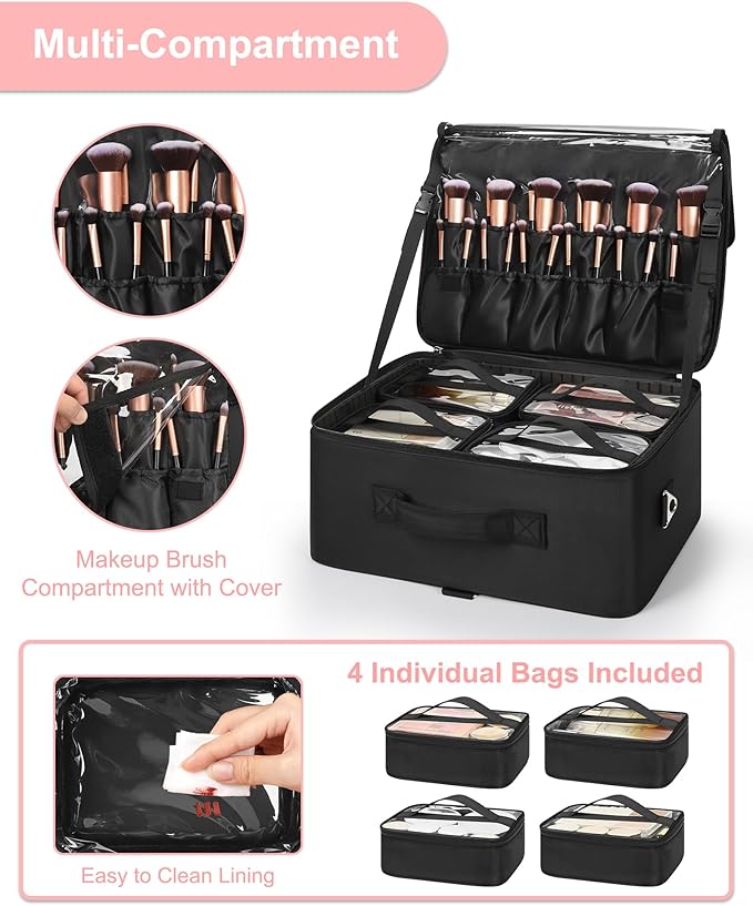 Relavel Extra Large Cosmetic Case, Travel Makeup Bag with 4 Clear Pouches & Lipstick Plate, Portable Cosmetic Case Storage Organizer Box for Makeup Artists with Shoulder Strap & Adjustable Dividers