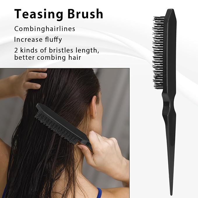 Hair Brush Set, Hair Brushes for Women Men kid Wet Dry All Hair Detangling Parting Styling, Brush Set with Detangler Brush, Edge Brush, Teasing brush, Rat Tail Comb (Black)