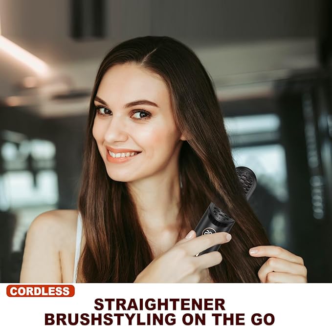Cordless Hair Straightener Brush, Portable Mini Hair Straightening Brush for Travel, Rechargeable 9000 mAh USB-C, Lightweight Anti-Scald Heated Styling Tools & Appliances (Black)