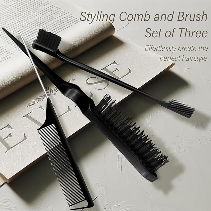 3-Piece Hair Styling Comb Set: Teasing Brush, Rat Tail Comb, Edge Brush for Women's Styling