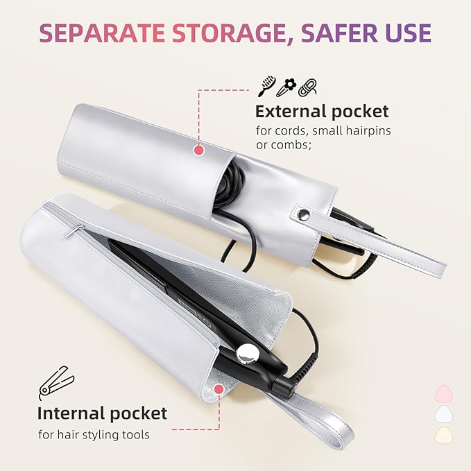 2-in-1 Heat Resistant Mat & Bag for Hair Styling Tools, Hanging Curling Iron Holder Flat Iron Holder with Zip, Portable Hot Hair Tools Travel Bag, Hair Straightener Mat Pouch for Countertop