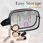 Custom Name Makeup Bag Travel Bag, Clear Toiletry Bag Travel Large Capacity Cosmetic Container Organizer for Shampoo, Shiny Stars Water Fluid Shape Silver Glittering