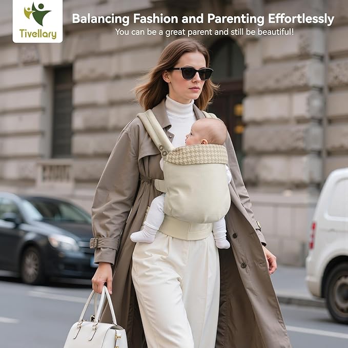 Reversible Baby Carrier, Khaki Solid & Houndstooth; Lightweight & Breathable - Image 3